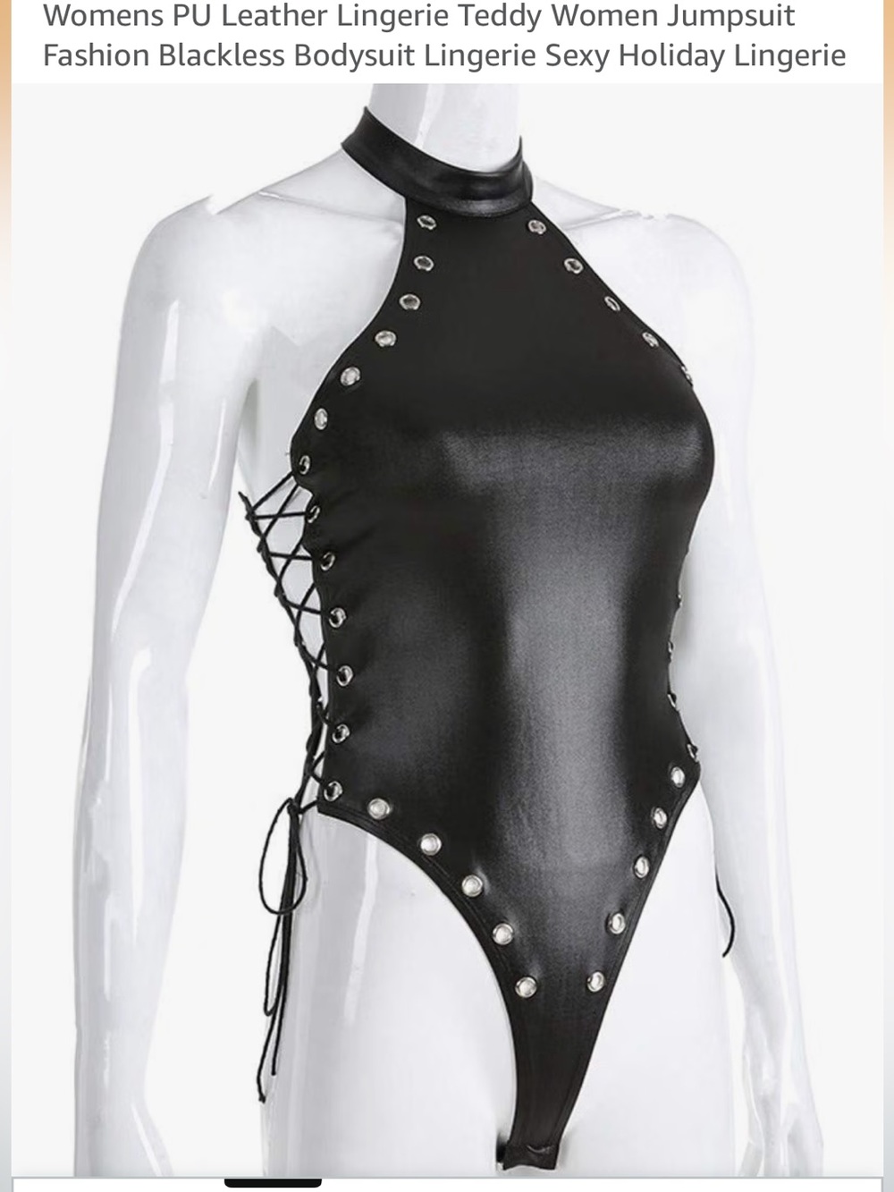 Black PU Leather Halter Bodysuit with Lace-Up Sides S